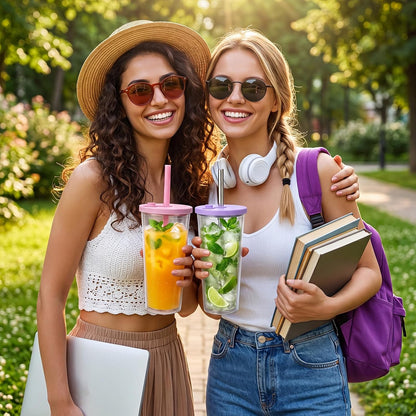 24 oz Reusable Iced Coffee Cups with Lids and Straws Leakproof Double Wall Insulated Clear Plastic Iced Coffee Tumblers with Straw Brushes
