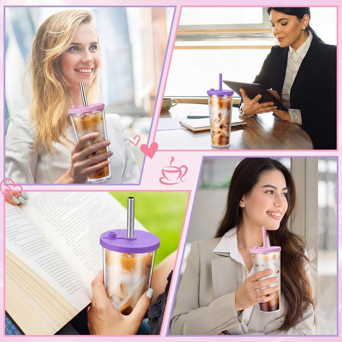 24 oz Reusable Iced Coffee Cups with Lids and Straws Leakproof Double Wall Insulated Clear Plastic Iced Coffee Tumblers with Straw Brushes