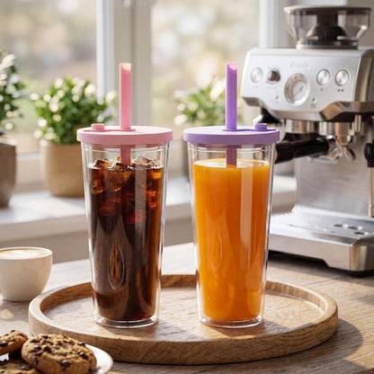 24 oz Reusable Iced Coffee Cups with Lids and Straws Leakproof Double Wall Insulated Clear Plastic Iced Coffee Tumblers with Straw Brushes