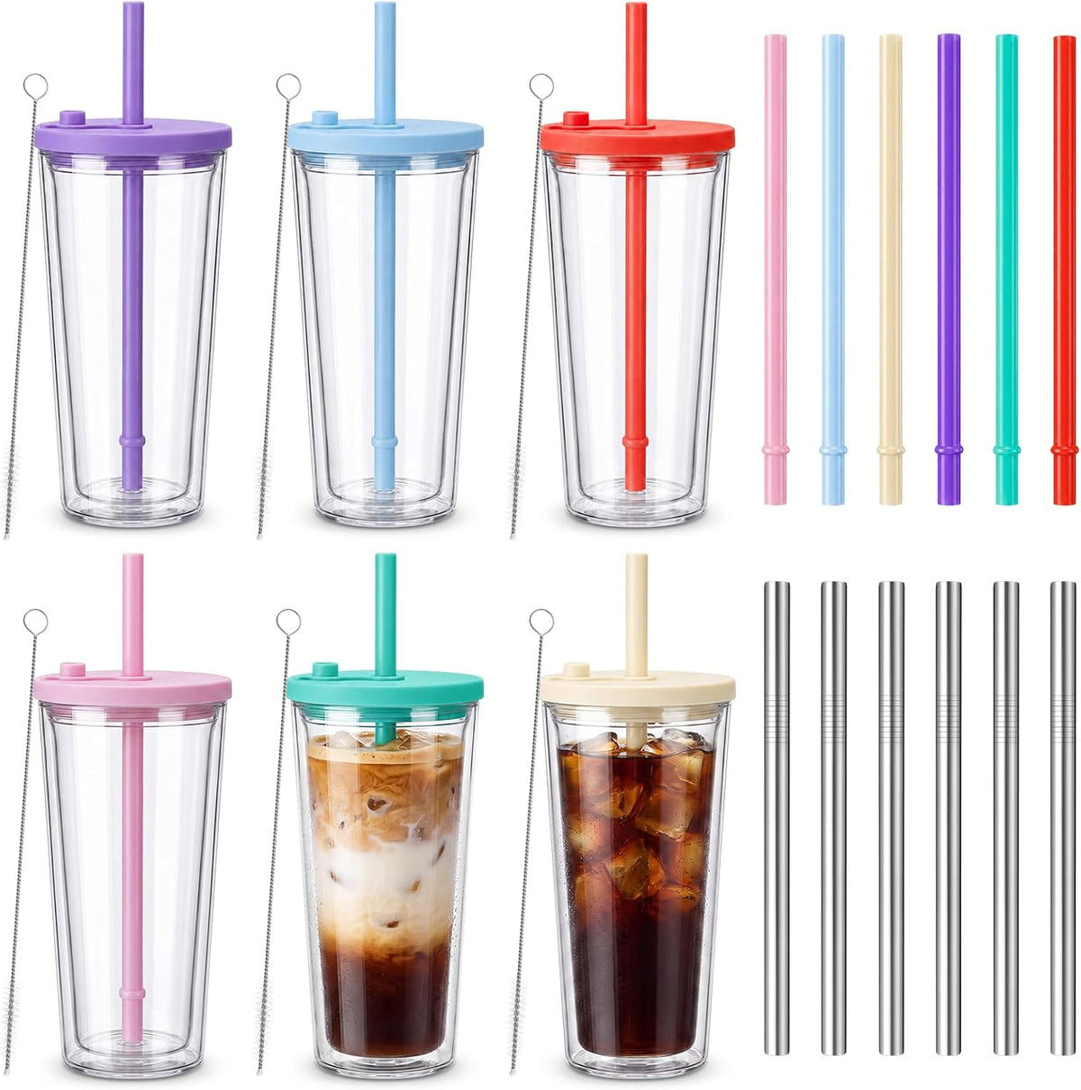 24 oz Reusable Iced Coffee Cups with Lids and Straws Leakproof Double Wall Insulated Clear Plastic Iced Coffee Tumblers with Straw Brushes