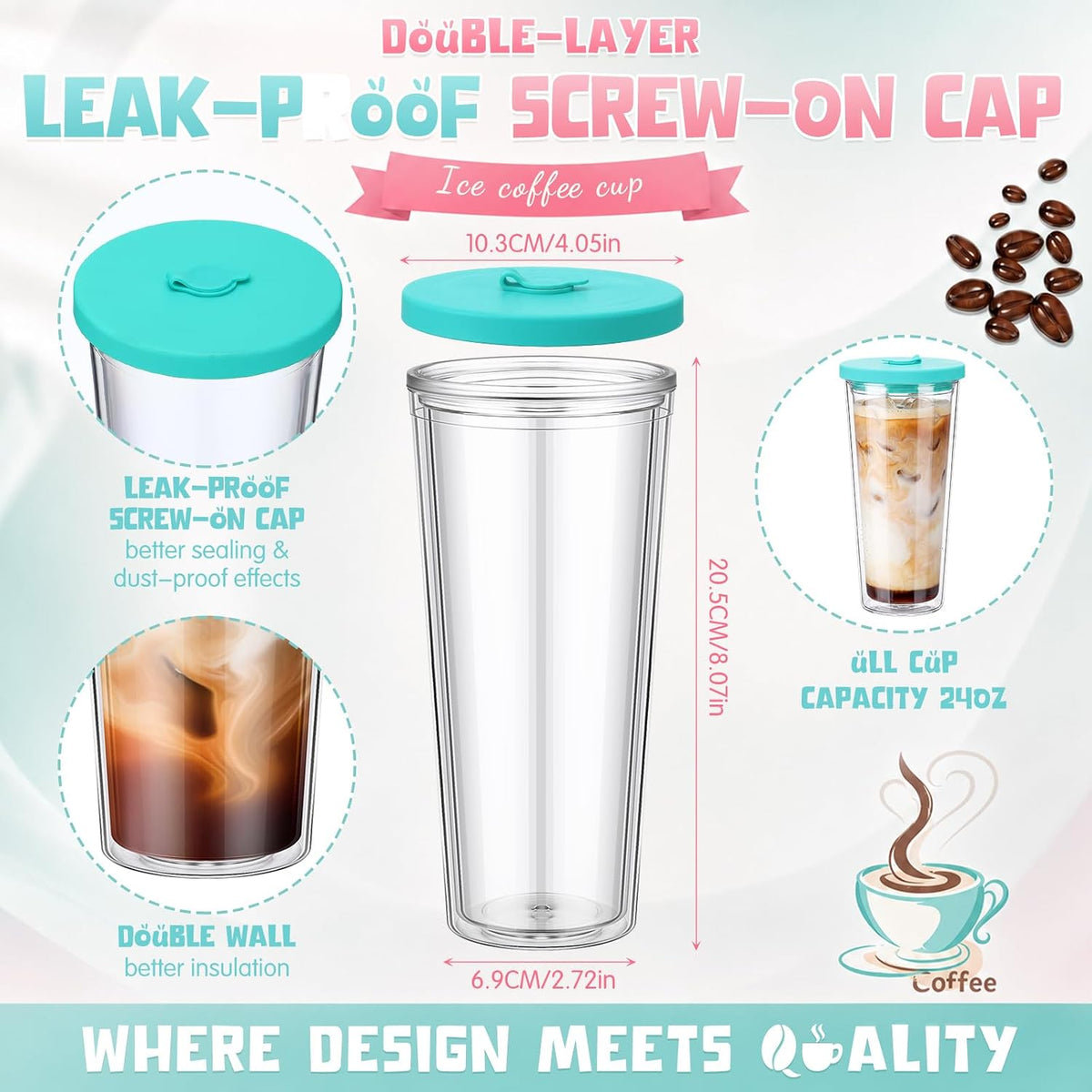 24 oz Reusable Iced Coffee Cups with Lids and Straws Leakproof Double Wall Insulated Clear Plastic Iced Coffee Tumblers with Straw Brushes
