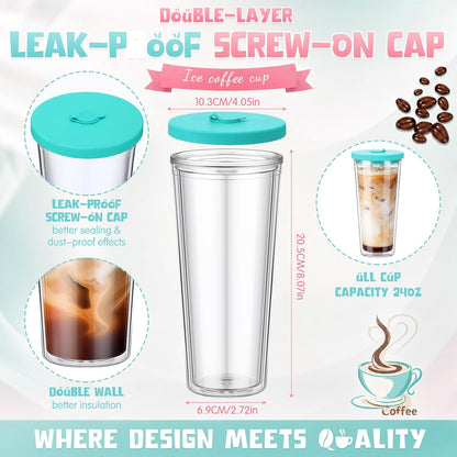 24 oz Reusable Iced Coffee Cups with Lids and Straws Leakproof Double Wall Insulated Clear Plastic Iced Coffee Tumblers with Straw Brushes