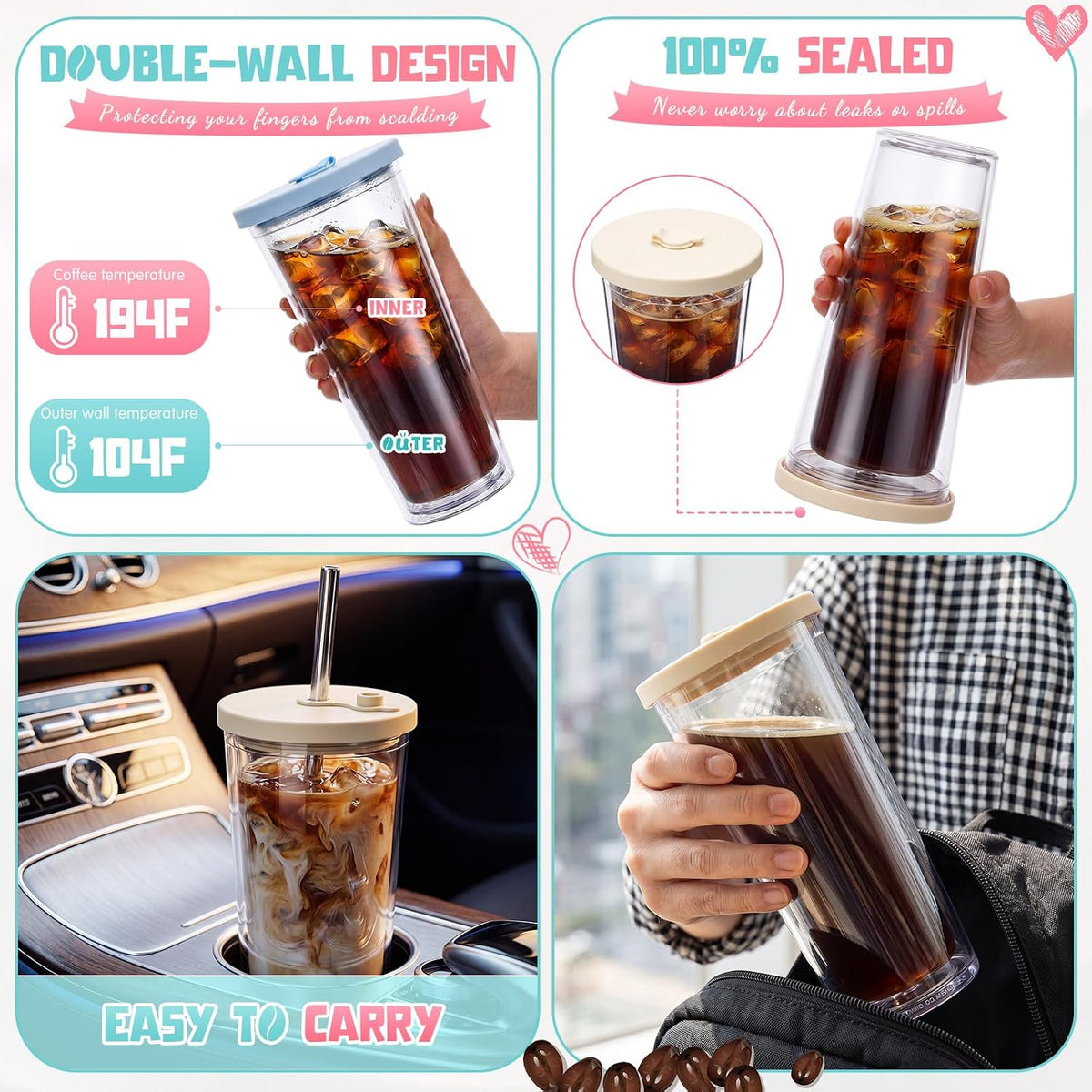 24 oz Reusable Iced Coffee Cups with Lids and Straws Leakproof Double Wall Insulated Clear Plastic Iced Coffee Tumblers with Straw Brushes