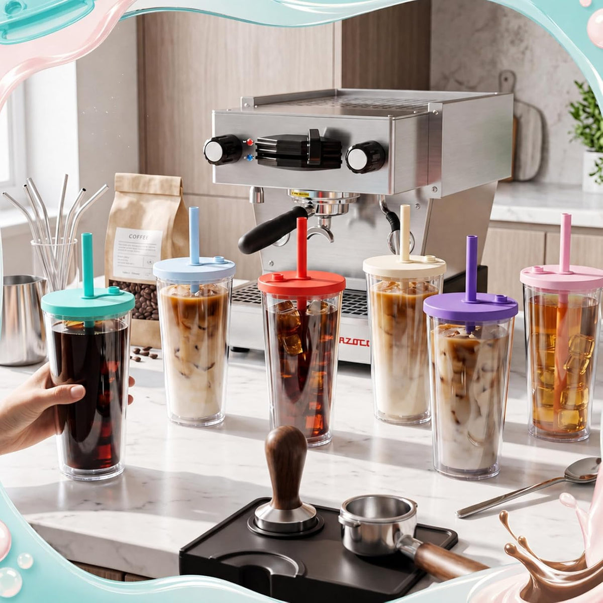24 oz Reusable Iced Coffee Cups with Lids and Straws Leakproof Double Wall Insulated Clear Plastic Iced Coffee Tumblers with Straw Brushes