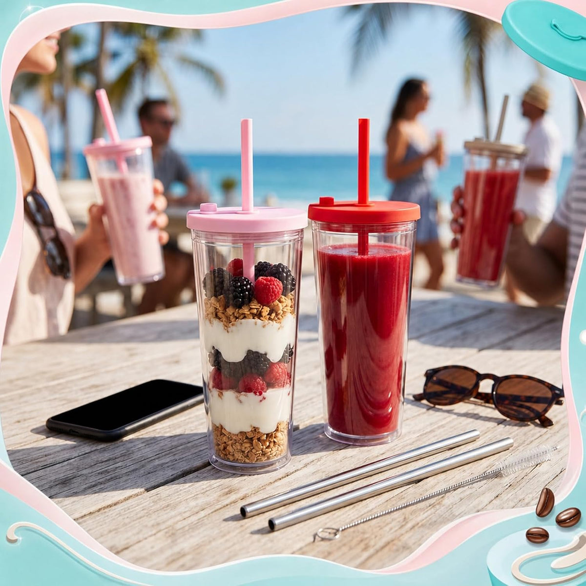 24 oz Reusable Iced Coffee Cups with Lids and Straws Leakproof Double Wall Insulated Clear Plastic Iced Coffee Tumblers with Straw Brushes
