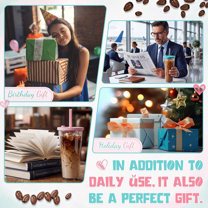 24 oz Reusable Iced Coffee Cups with Lids and Straws Leakproof Double Wall Insulated Clear Plastic Iced Coffee Tumblers with Straw Brushes