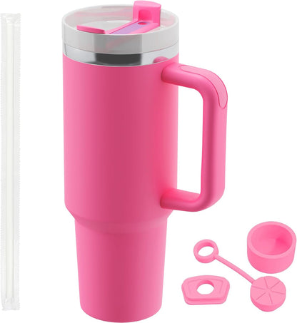 40 oz tumbler with handle and Straw Lid Leak-proof Silicone Boot Straw Cover Cap Travel Coffee Mug Stainless Steel Water Bottle Insulated Cup for Hot and Cold Beverages Gift Idea (Fuchsia, 40oz)