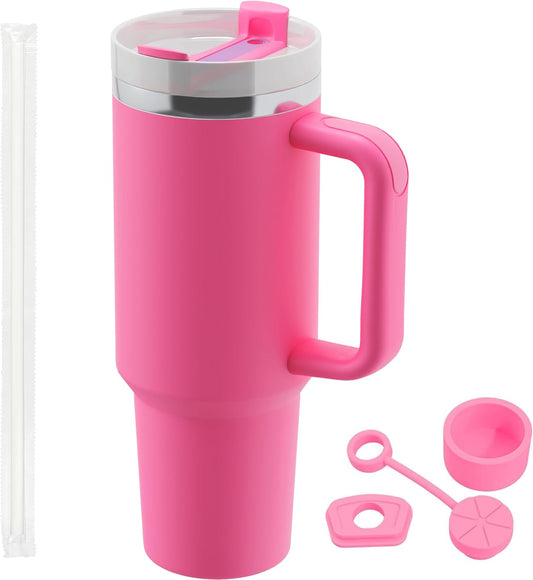 40 oz tumbler with handle and Straw Lid Leak-proof Silicone Boot Straw Cover Cap Travel Coffee Mug Stainless Steel Water Bottle Insulated Cup for Hot and Cold Beverages Gift Idea (Fuchsia, 40oz)