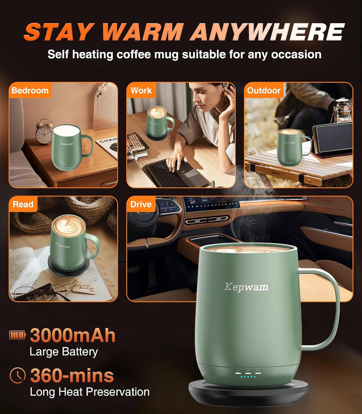 Self-Heating Coffee Mug T2, 16oz Electric Heated Mug Hot Up to 149℉ | No App, 3 Temp Settings to Keep Coffee Warm, Long-Lasting Battery for Office & Home,Auto Shut-Off, Ideal Gift for Men & Women
