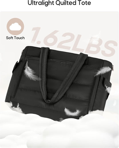 Puffer Tote Bag for Women with 40oz Tumbler Holder, Lightweight Quilted Work Bag for Nurse, Teacher, College