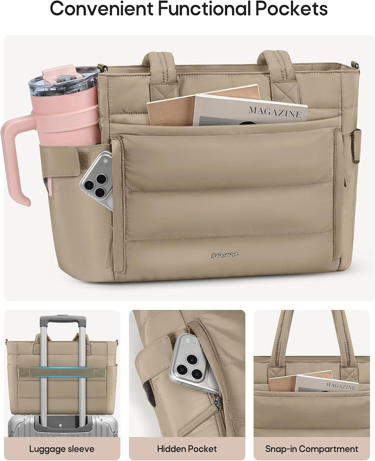 Puffer Tote Bag for Women with 40oz Tumbler Holder, Lightweight Quilted Work Bag for Nurse, Teacher, College
