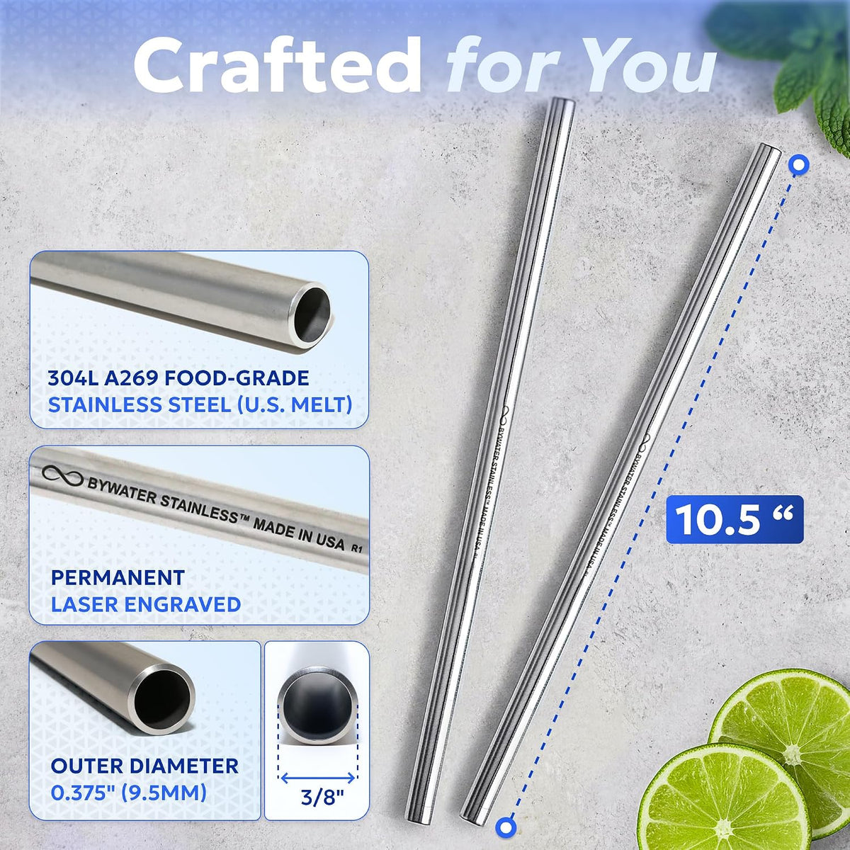 Made in USA Steel 10.5 Inch Straw Set of 2 Food Grade Premium Straws. Fits Stanley, Yeti Straw Lid and Many Others With Standard Straws. DOES NOT FIT FLIP STYLE LIDS