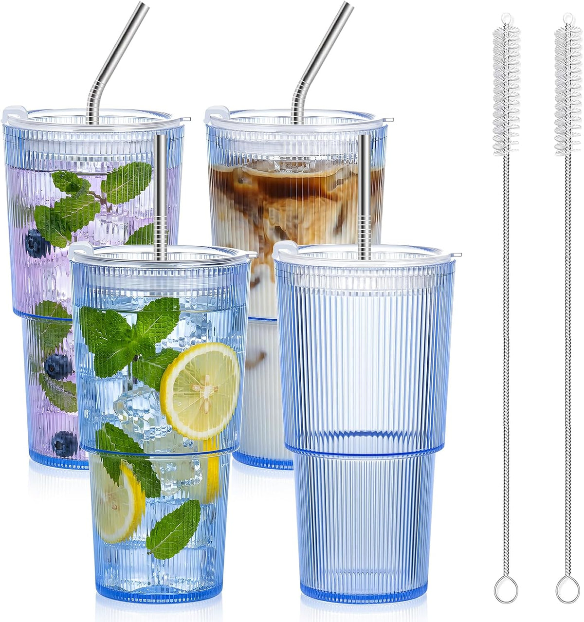 20oz Plastic Ribbed Tumblers with Lid and Straws Blue Plastic Reusable Iced Coffee Cups with Lid Unbreakable Vintage Ribbed Drinking Glasses Tumbler for Juice Smoothie Beverage with Clean Brush