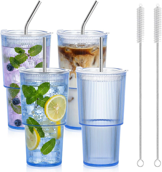 20oz Plastic Ribbed Tumblers with Lid and Straws Blue Plastic Reusable Iced Coffee Cups with Lid Unbreakable Vintage Ribbed Drinking Glasses Tumbler for Juice Smoothie Beverage with Clean Brush