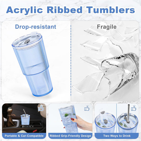 20oz Plastic Ribbed Tumblers with Lid and Straws Blue Plastic Reusable Iced Coffee Cups with Lid Unbreakable Vintage Ribbed Drinking Glasses Tumbler for Juice Smoothie Beverage with Clean Brush