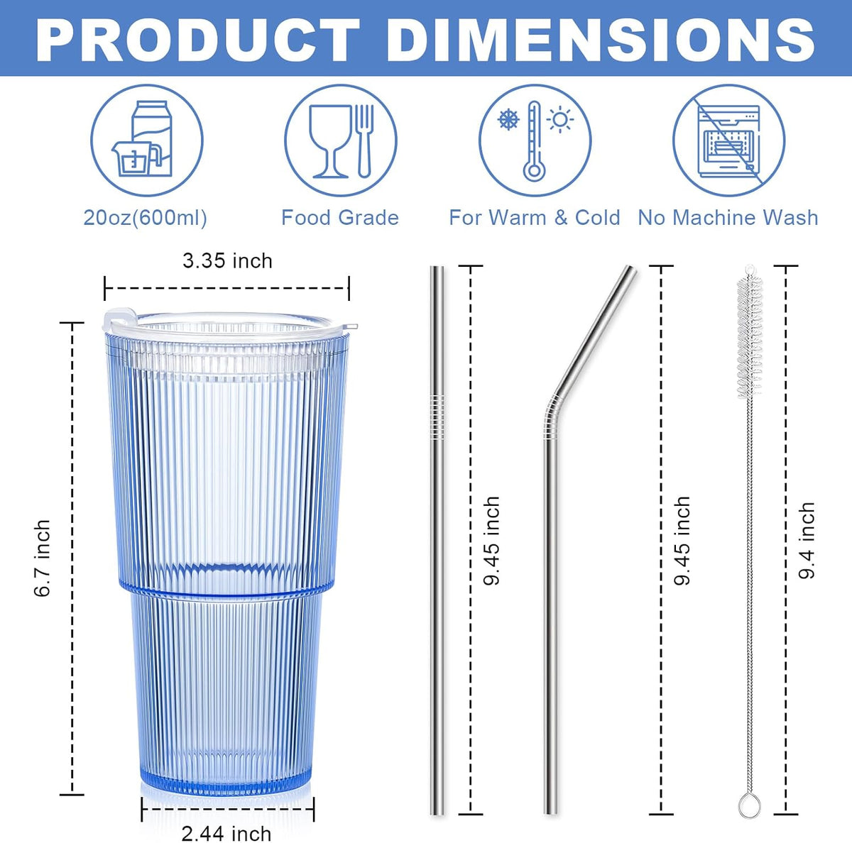 20oz Plastic Ribbed Tumblers with Lid and Straws Blue Plastic Reusable Iced Coffee Cups with Lid Unbreakable Vintage Ribbed Drinking Glasses Tumbler for Juice Smoothie Beverage with Clean Brush