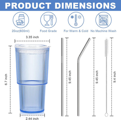 20oz Plastic Ribbed Tumblers with Lid and Straws Blue Plastic Reusable Iced Coffee Cups with Lid Unbreakable Vintage Ribbed Drinking Glasses Tumbler for Juice Smoothie Beverage with Clean Brush