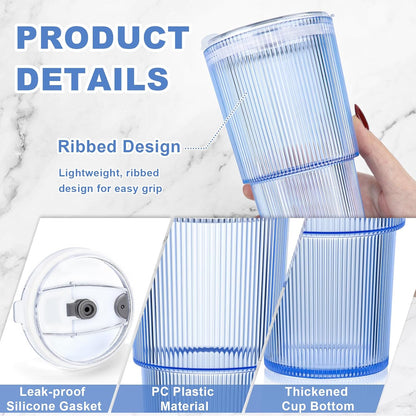 20oz Plastic Ribbed Tumblers with Lid and Straws Blue Plastic Reusable Iced Coffee Cups with Lid Unbreakable Vintage Ribbed Drinking Glasses Tumbler for Juice Smoothie Beverage with Clean Brush