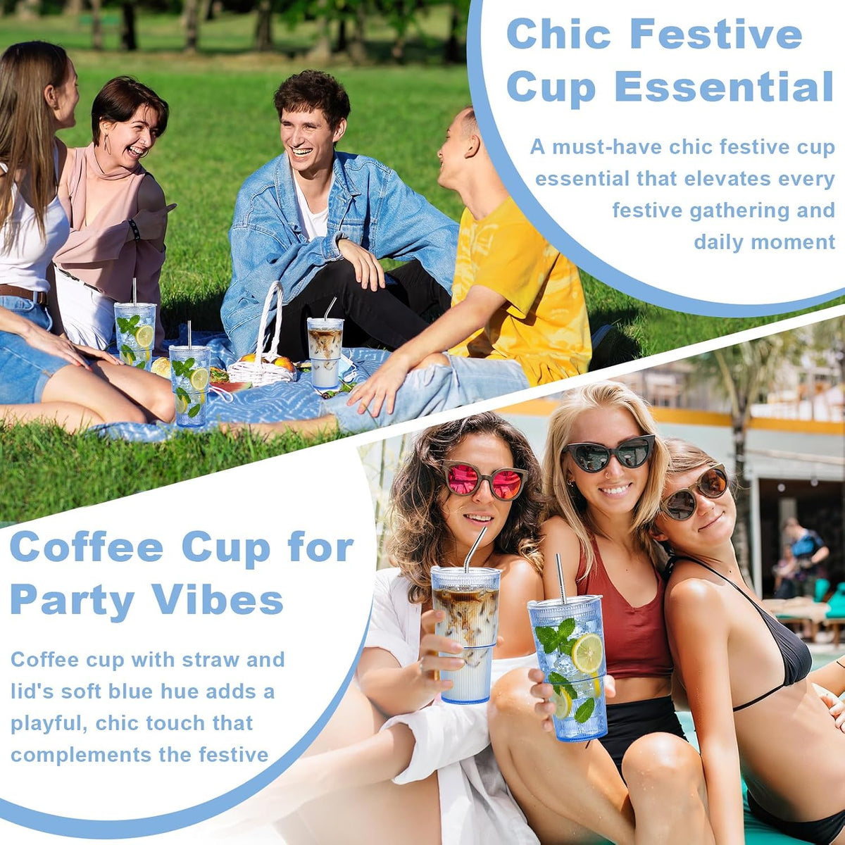20oz Plastic Ribbed Tumblers with Lid and Straws Blue Plastic Reusable Iced Coffee Cups with Lid Unbreakable Vintage Ribbed Drinking Glasses Tumbler for Juice Smoothie Beverage with Clean Brush