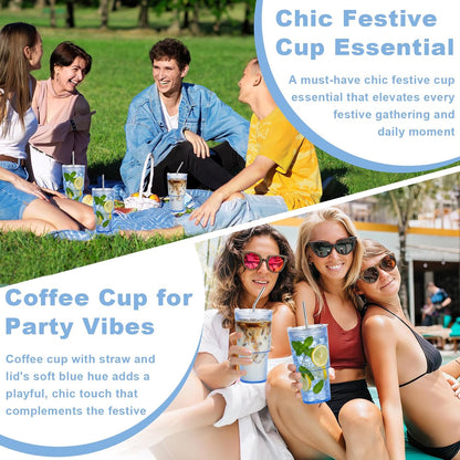 20oz Plastic Ribbed Tumblers with Lid and Straws Blue Plastic Reusable Iced Coffee Cups with Lid Unbreakable Vintage Ribbed Drinking Glasses Tumbler for Juice Smoothie Beverage with Clean Brush