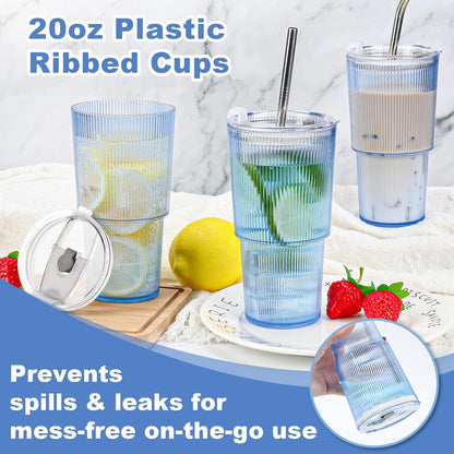 20oz Plastic Ribbed Tumblers with Lid and Straws Blue Plastic Reusable Iced Coffee Cups with Lid Unbreakable Vintage Ribbed Drinking Glasses Tumbler for Juice Smoothie Beverage with Clean Brush
