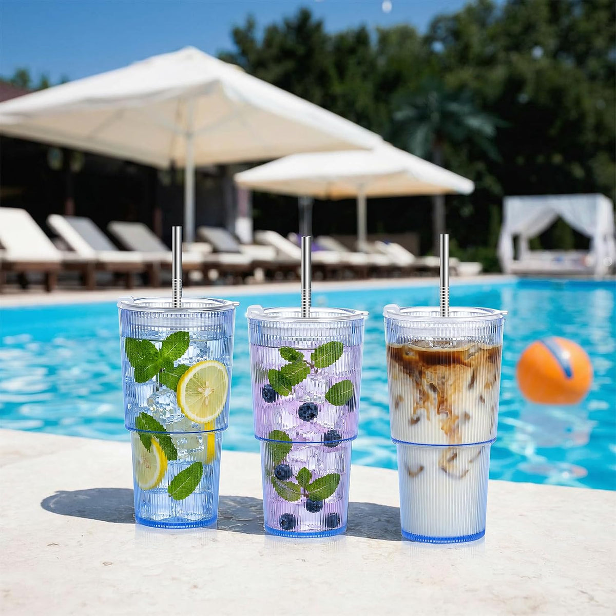 20oz Plastic Ribbed Tumblers with Lid and Straws Blue Plastic Reusable Iced Coffee Cups with Lid Unbreakable Vintage Ribbed Drinking Glasses Tumbler for Juice Smoothie Beverage with Clean Brush
