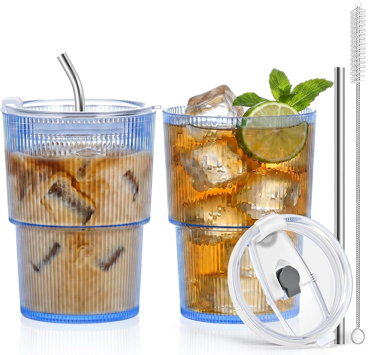 20oz Plastic Ribbed Tumblers with Lid and Straws Blue Plastic Reusable Iced Coffee Cups with Lid Unbreakable Vintage Ribbed Drinking Glasses Tumbler for Juice Smoothie Beverage with Clean Brush