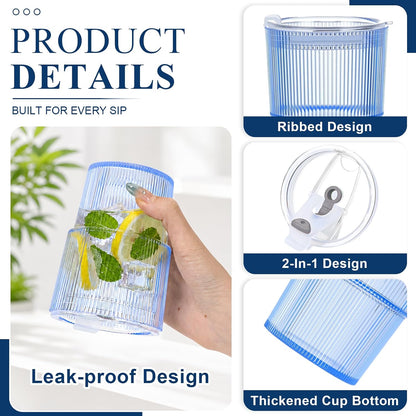 20oz Plastic Ribbed Tumblers with Lid and Straws Blue Plastic Reusable Iced Coffee Cups with Lid Unbreakable Vintage Ribbed Drinking Glasses Tumbler for Juice Smoothie Beverage with Clean Brush