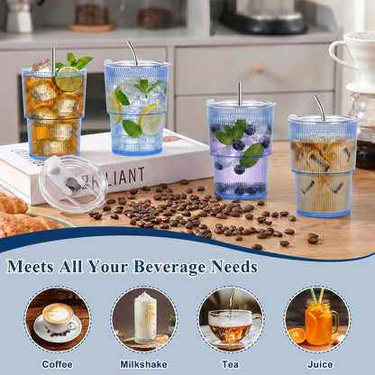 20oz Plastic Ribbed Tumblers with Lid and Straws Blue Plastic Reusable Iced Coffee Cups with Lid Unbreakable Vintage Ribbed Drinking Glasses Tumbler for Juice Smoothie Beverage with Clean Brush