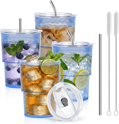 20oz Plastic Ribbed Tumblers with Lid and Straws Blue Plastic Reusable Iced Coffee Cups with Lid Unbreakable Vintage Ribbed Drinking Glasses Tumbler for Juice Smoothie Beverage with Clean Brush