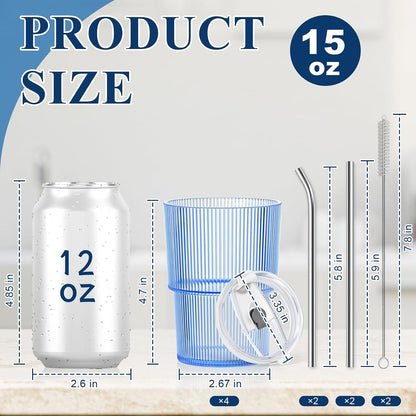 20oz Plastic Ribbed Tumblers with Lid and Straws Blue Plastic Reusable Iced Coffee Cups with Lid Unbreakable Vintage Ribbed Drinking Glasses Tumbler for Juice Smoothie Beverage with Clean Brush