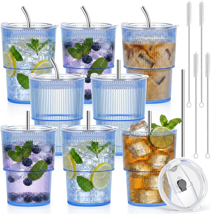 20oz Plastic Ribbed Tumblers with Lid and Straws Blue Plastic Reusable Iced Coffee Cups with Lid Unbreakable Vintage Ribbed Drinking Glasses Tumbler for Juice Smoothie Beverage with Clean Brush