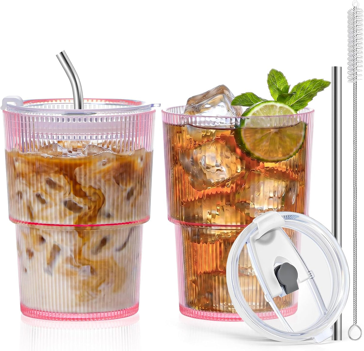 20oz Plastic Ribbed Tumblers with Lid and Straws Blue Plastic Reusable Iced Coffee Cups with Lid Unbreakable Vintage Ribbed Drinking Glasses Tumbler for Juice Smoothie Beverage with Clean Brush