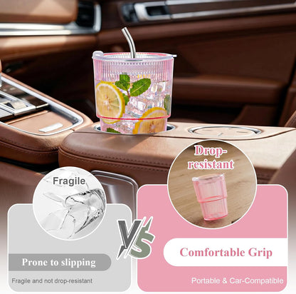 20oz Plastic Ribbed Tumblers with Lid and Straws Blue Plastic Reusable Iced Coffee Cups with Lid Unbreakable Vintage Ribbed Drinking Glasses Tumbler for Juice Smoothie Beverage with Clean Brush