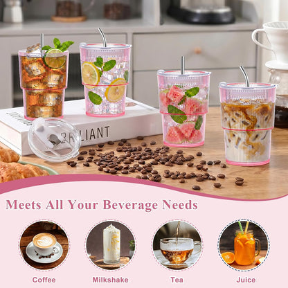 20oz Plastic Ribbed Tumblers with Lid and Straws Blue Plastic Reusable Iced Coffee Cups with Lid Unbreakable Vintage Ribbed Drinking Glasses Tumbler for Juice Smoothie Beverage with Clean Brush