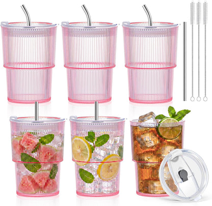 20oz Plastic Ribbed Tumblers with Lid and Straws Blue Plastic Reusable Iced Coffee Cups with Lid Unbreakable Vintage Ribbed Drinking Glasses Tumbler for Juice Smoothie Beverage with Clean Brush