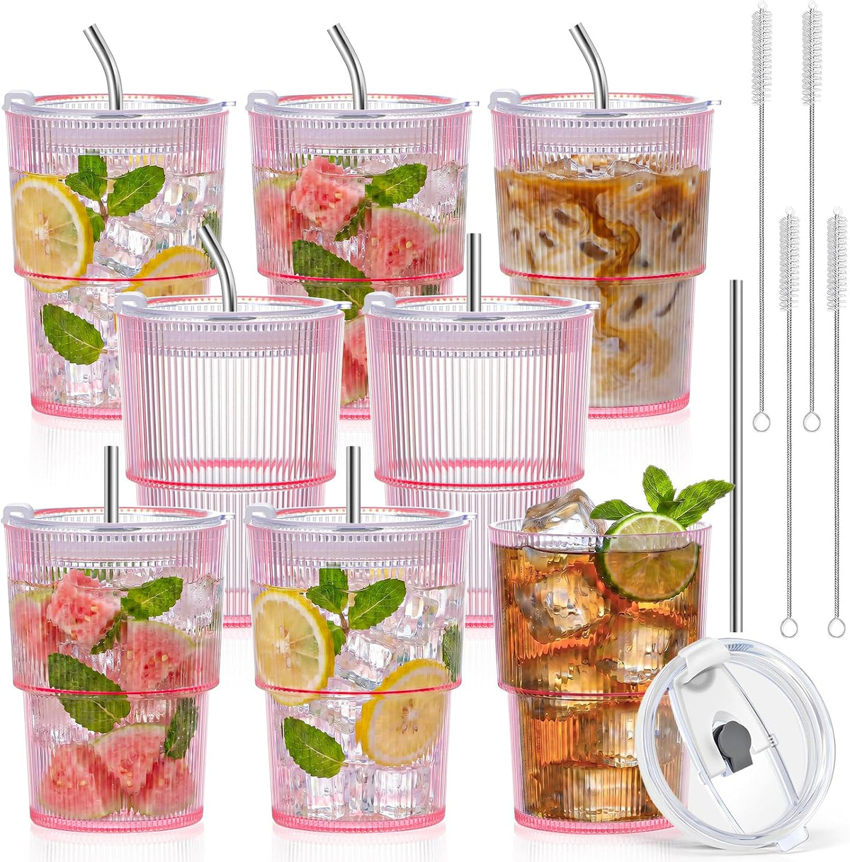 20oz Plastic Ribbed Tumblers with Lid and Straws Blue Plastic Reusable Iced Coffee Cups with Lid Unbreakable Vintage Ribbed Drinking Glasses Tumbler for Juice Smoothie Beverage with Clean Brush