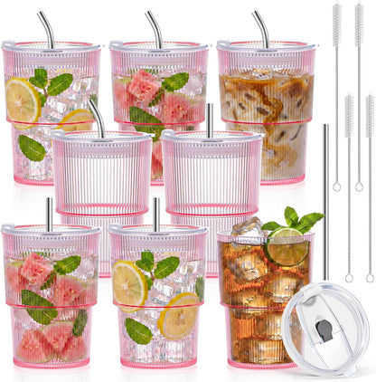 20oz Plastic Ribbed Tumblers with Lid and Straws Blue Plastic Reusable Iced Coffee Cups with Lid Unbreakable Vintage Ribbed Drinking Glasses Tumbler for Juice Smoothie Beverage with Clean Brush