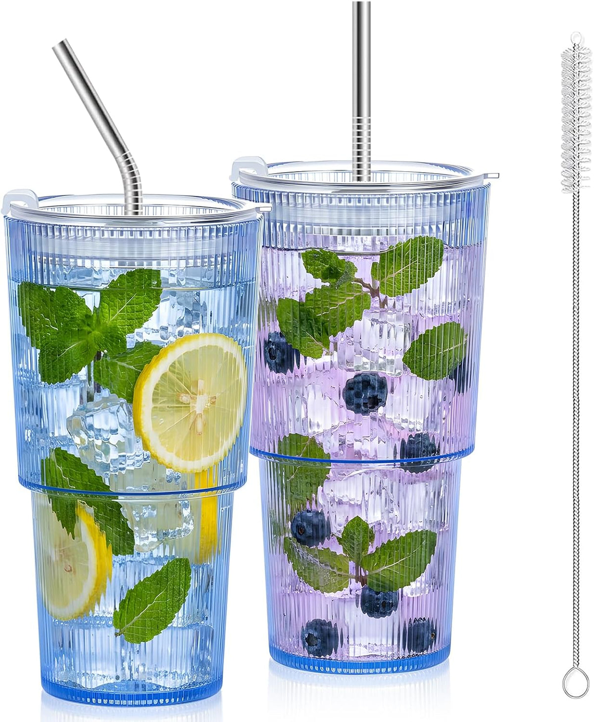 20oz Plastic Ribbed Tumblers with Lid and Straws Blue Plastic Reusable Iced Coffee Cups with Lid Unbreakable Vintage Ribbed Drinking Glasses Tumbler for Juice Smoothie Beverage with Clean Brush