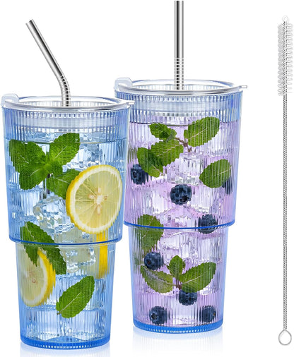 20oz Plastic Ribbed Tumblers with Lid and Straws Blue Plastic Reusable Iced Coffee Cups with Lid Unbreakable Vintage Ribbed Drinking Glasses Tumbler for Juice Smoothie Beverage with Clean Brush