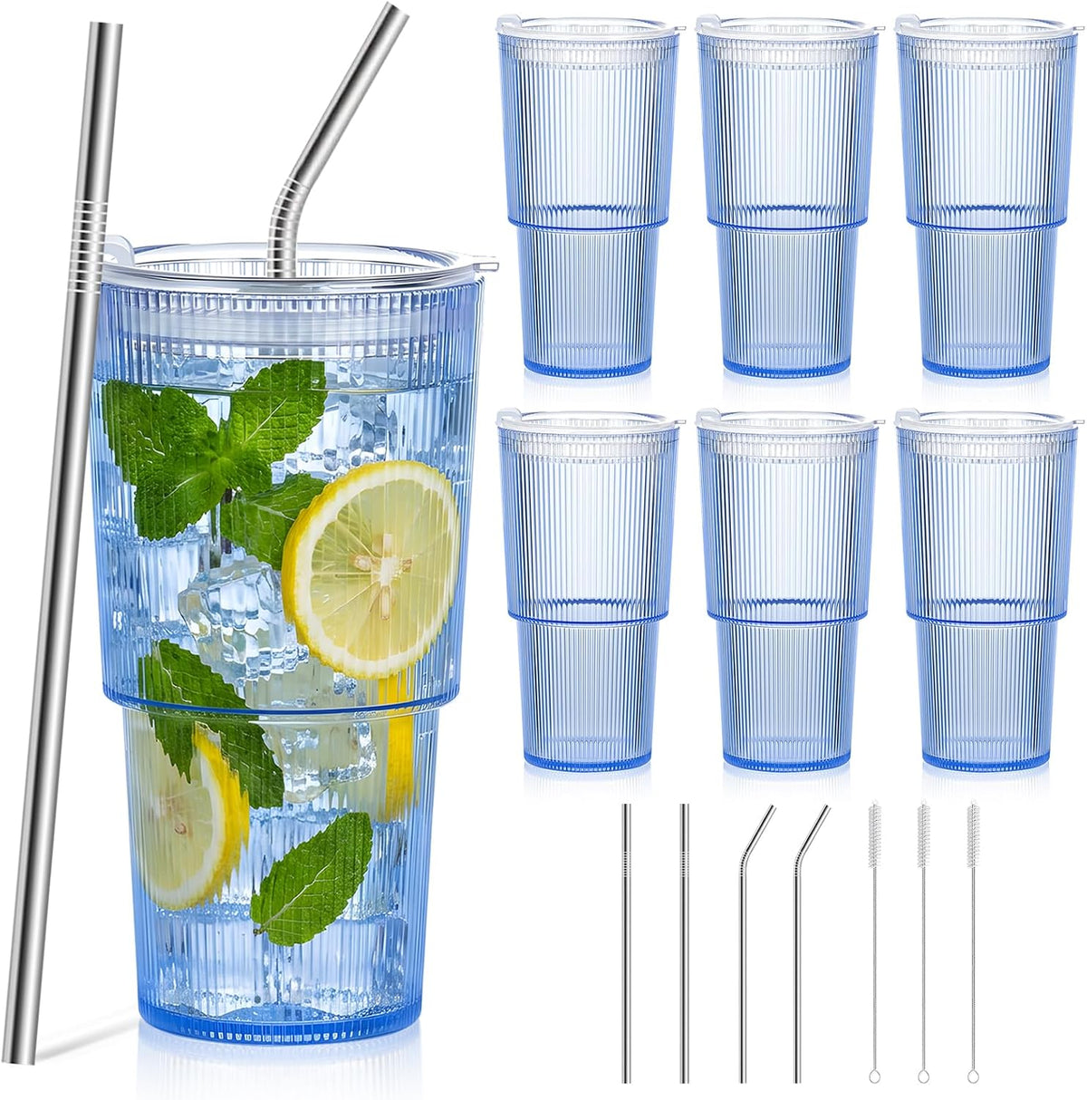 20oz Plastic Ribbed Tumblers with Lid and Straws Blue Plastic Reusable Iced Coffee Cups with Lid Unbreakable Vintage Ribbed Drinking Glasses Tumbler for Juice Smoothie Beverage with Clean Brush