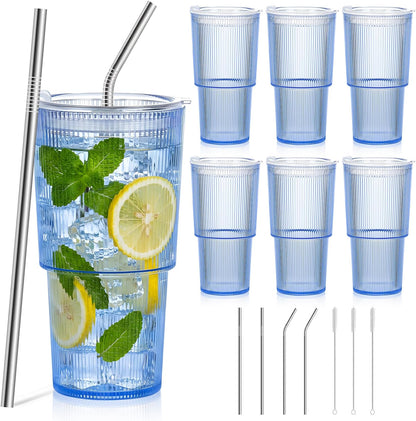 20oz Plastic Ribbed Tumblers with Lid and Straws Blue Plastic Reusable Iced Coffee Cups with Lid Unbreakable Vintage Ribbed Drinking Glasses Tumbler for Juice Smoothie Beverage with Clean Brush