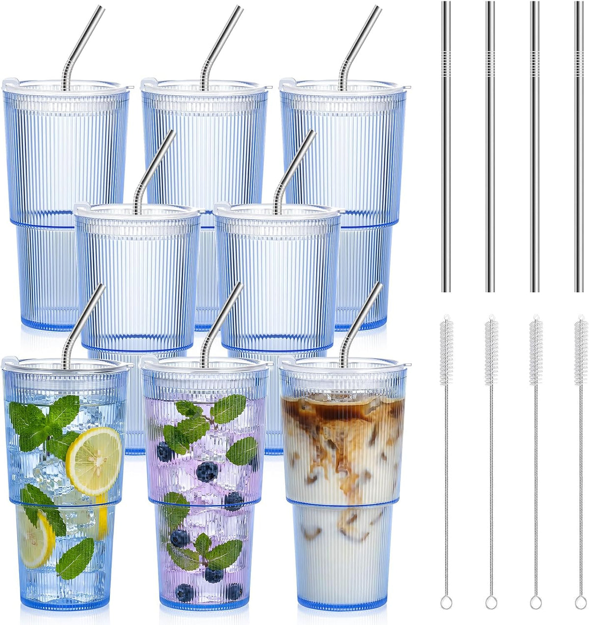 20oz Plastic Ribbed Tumblers with Lid and Straws Blue Plastic Reusable Iced Coffee Cups with Lid Unbreakable Vintage Ribbed Drinking Glasses Tumbler for Juice Smoothie Beverage with Clean Brush
