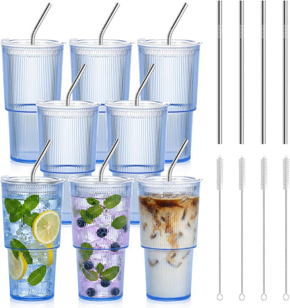 20oz Plastic Ribbed Tumblers with Lid and Straws Blue Plastic Reusable Iced Coffee Cups with Lid Unbreakable Vintage Ribbed Drinking Glasses Tumbler for Juice Smoothie Beverage with Clean Brush