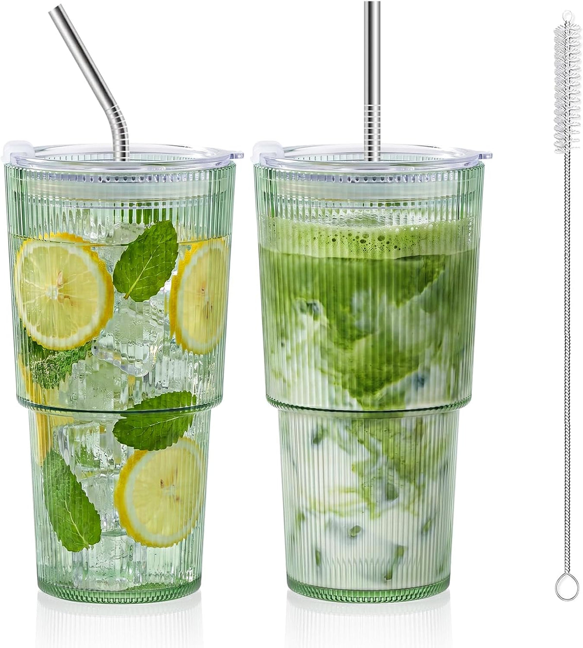 20oz Plastic Ribbed Tumblers with Lid and Straws Blue Plastic Reusable Iced Coffee Cups with Lid Unbreakable Vintage Ribbed Drinking Glasses Tumbler for Juice Smoothie Beverage with Clean Brush
