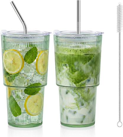 20oz Plastic Ribbed Tumblers with Lid and Straws Blue Plastic Reusable Iced Coffee Cups with Lid Unbreakable Vintage Ribbed Drinking Glasses Tumbler for Juice Smoothie Beverage with Clean Brush