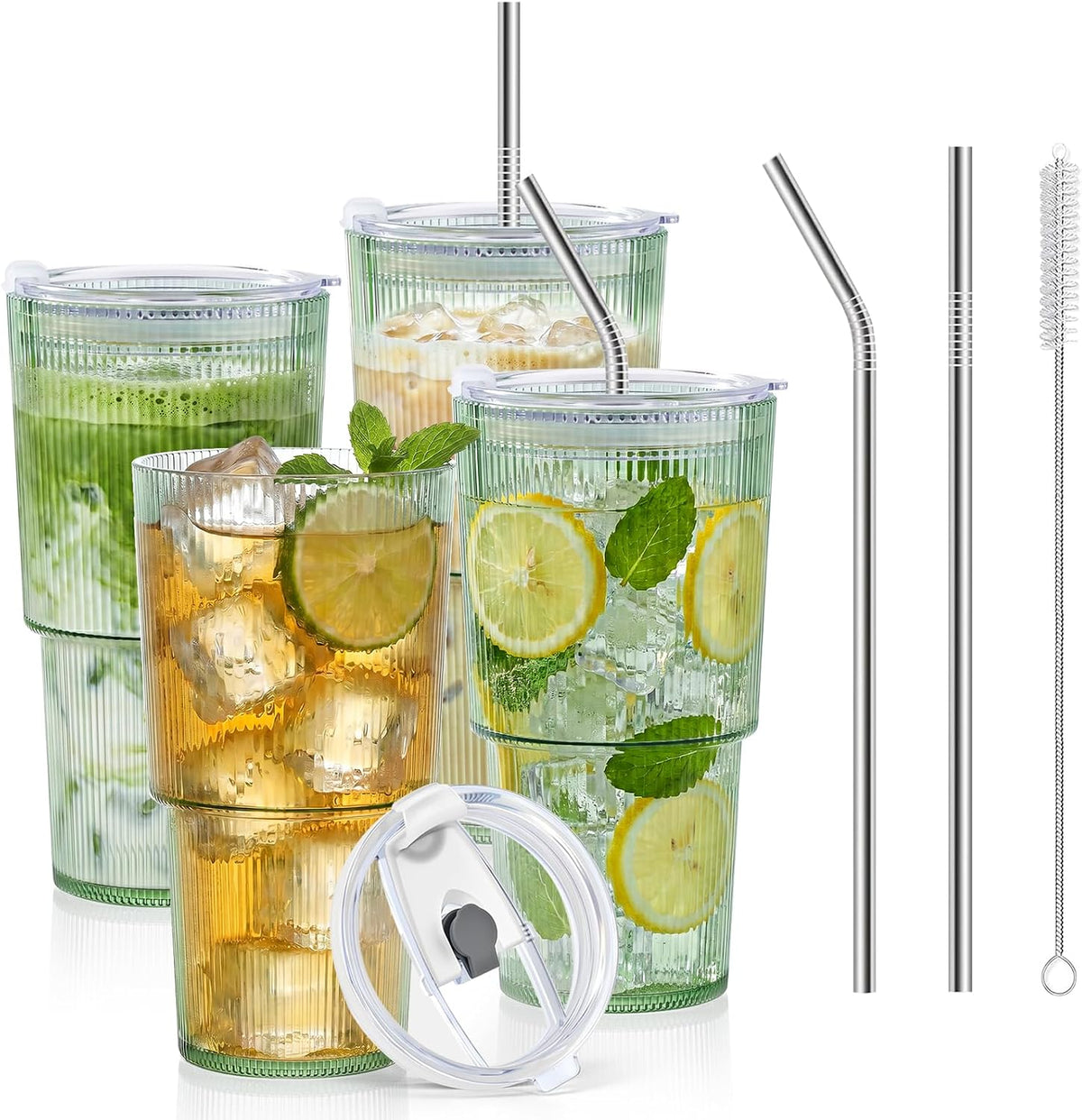 20oz Plastic Ribbed Tumblers with Lid and Straws Blue Plastic Reusable Iced Coffee Cups with Lid Unbreakable Vintage Ribbed Drinking Glasses Tumbler for Juice Smoothie Beverage with Clean Brush