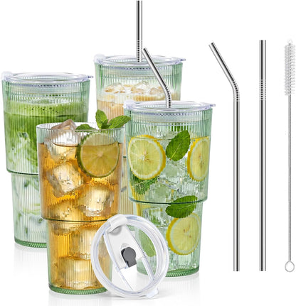 20oz Plastic Ribbed Tumblers with Lid and Straws Blue Plastic Reusable Iced Coffee Cups with Lid Unbreakable Vintage Ribbed Drinking Glasses Tumbler for Juice Smoothie Beverage with Clean Brush