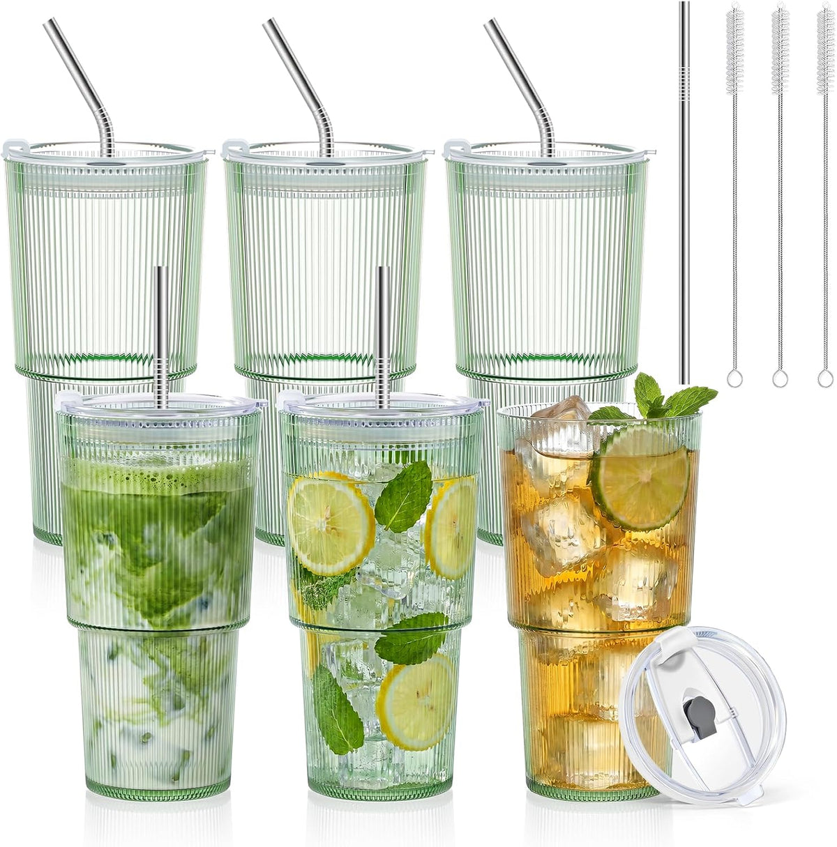 20oz Plastic Ribbed Tumblers with Lid and Straws Blue Plastic Reusable Iced Coffee Cups with Lid Unbreakable Vintage Ribbed Drinking Glasses Tumbler for Juice Smoothie Beverage with Clean Brush