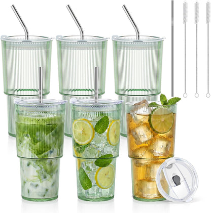 20oz Plastic Ribbed Tumblers with Lid and Straws Blue Plastic Reusable Iced Coffee Cups with Lid Unbreakable Vintage Ribbed Drinking Glasses Tumbler for Juice Smoothie Beverage with Clean Brush